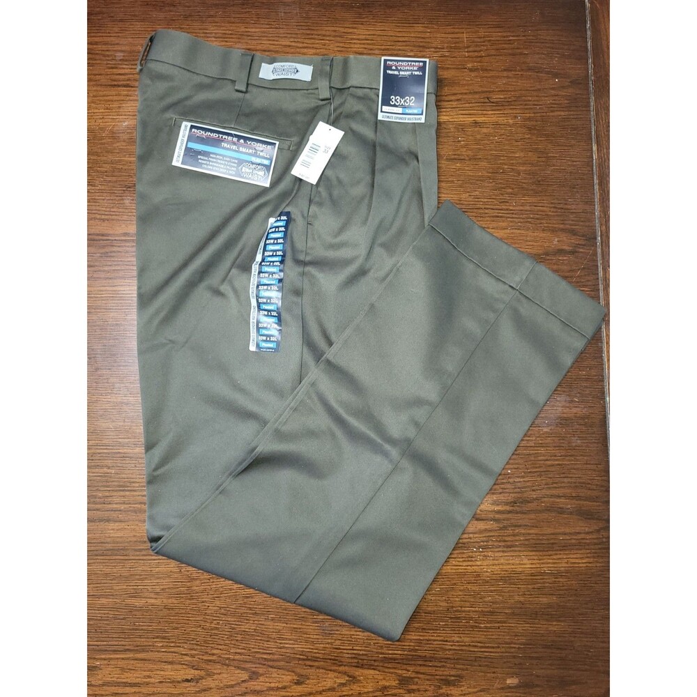 NWT Roundtree & Yorke Men's Travel Smart Twill Pants 33x32 Olive Green Pleated